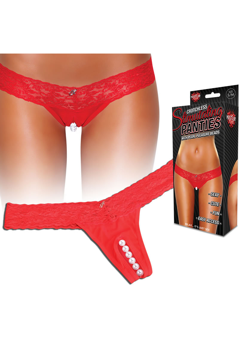 Hustler Toys Crotchless Stimulating Panties Thong With Pearl Pleasure Beads Small/medium - Red